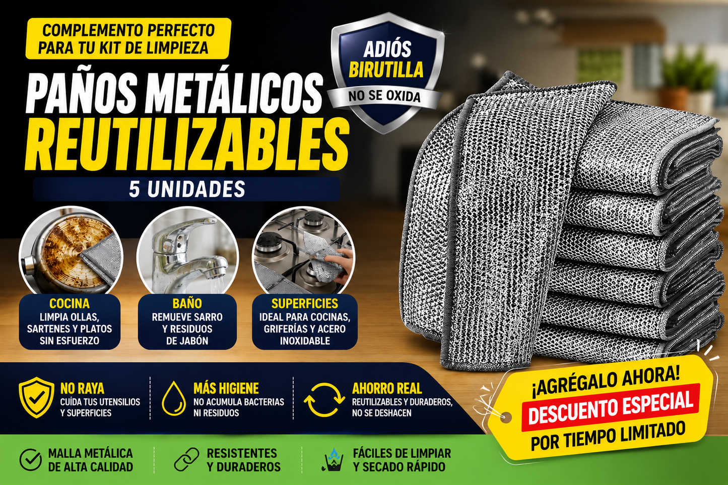 Paños Metálicos Multiuso de Limpieza 5Pc