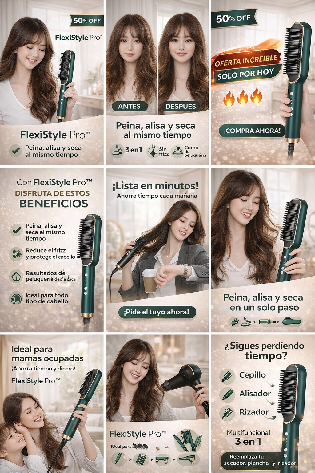 FlexiStyle Pro™ cepillo, alisador y secador Multifuncional 3 en 1