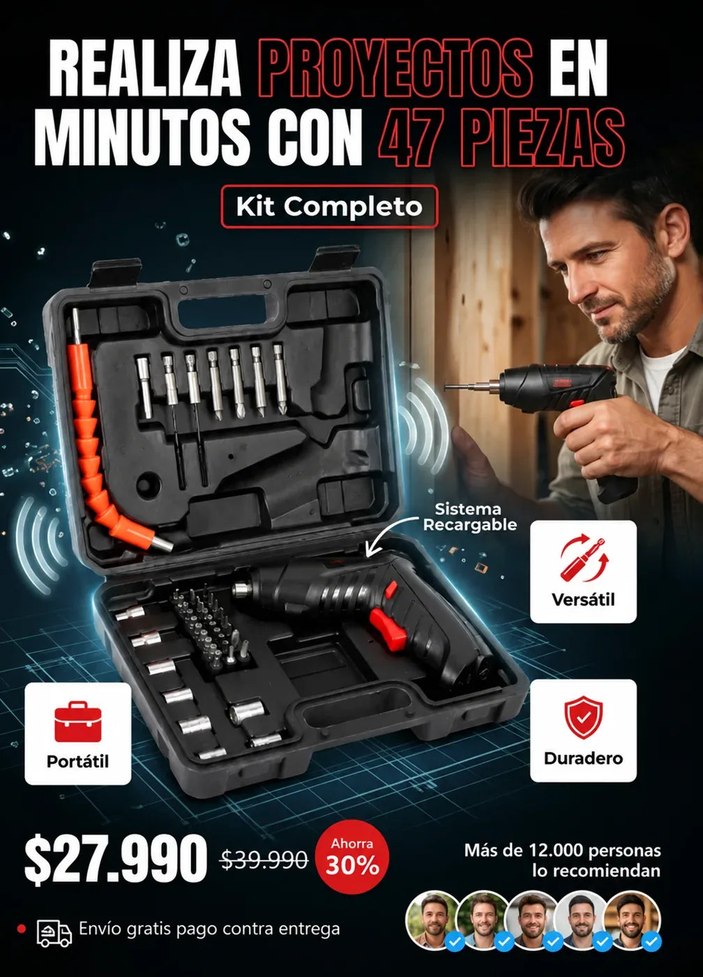 Taladro Eléctrico Inalámbrico 47 Piezas